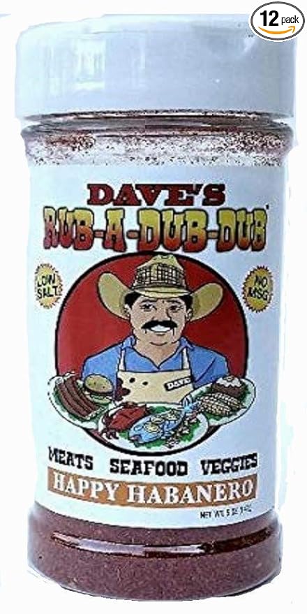 Dave's Rub a Dub Dub Happy Habanero Seasoning Low Sodium Dry Rub BBQ Spice Blend for Meats Seafood Veggies 5 OZ Shaker Bottle 12 Pack