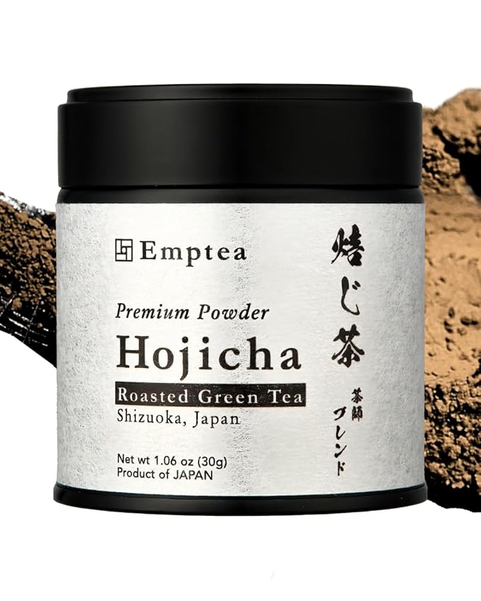 Emptea Premium Hojicha Powder Ceremonial Grade (Organic) for Latte - First Harvest Japanese Roasted Green Tea Powder from Shizuoka Japan Low Caffeine Unsweetened 1.06 oz (30g) Tin