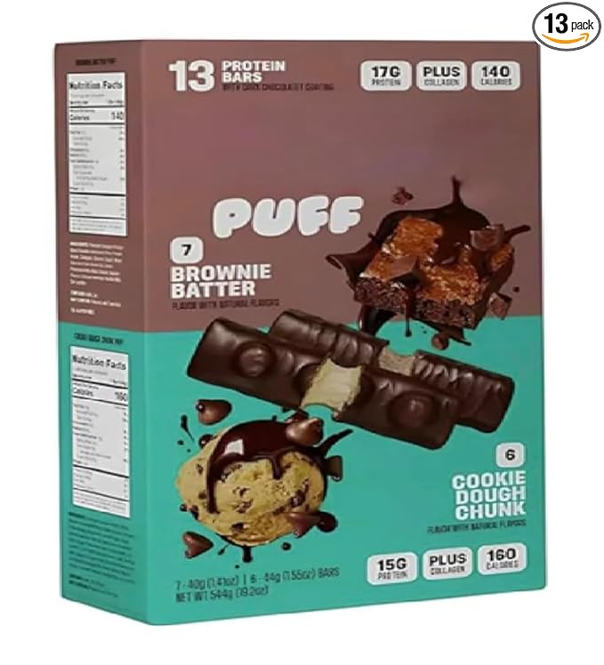 Puff Protein Bars7 Brownie Batter 6 Cookie Dough Chunk Flavor 17g Protein Gluten Free 19.2 oz 13 Variety Pack.