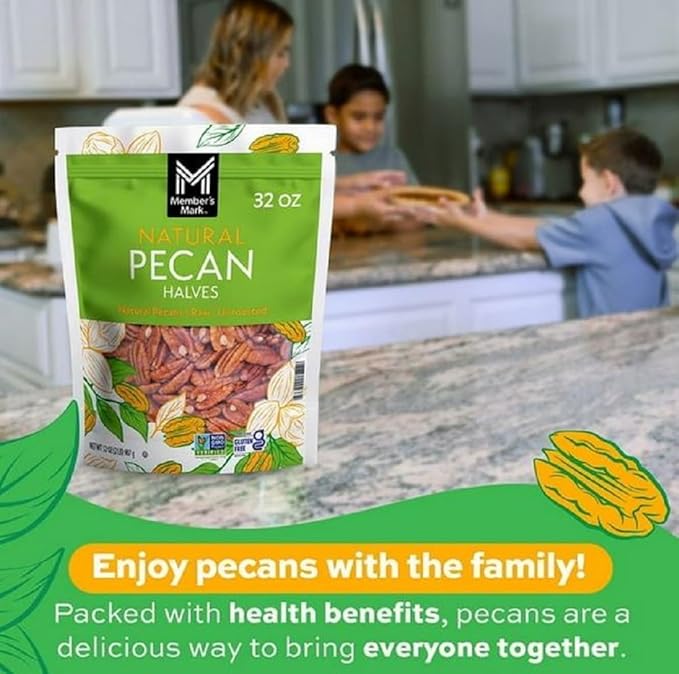 Member Mark Natural Pecan Halves 32 oz | Unsalted Raw Pecans in Resealable Bag | Fresh Crunchy Nuts for Baking Snacking &amp Cooking