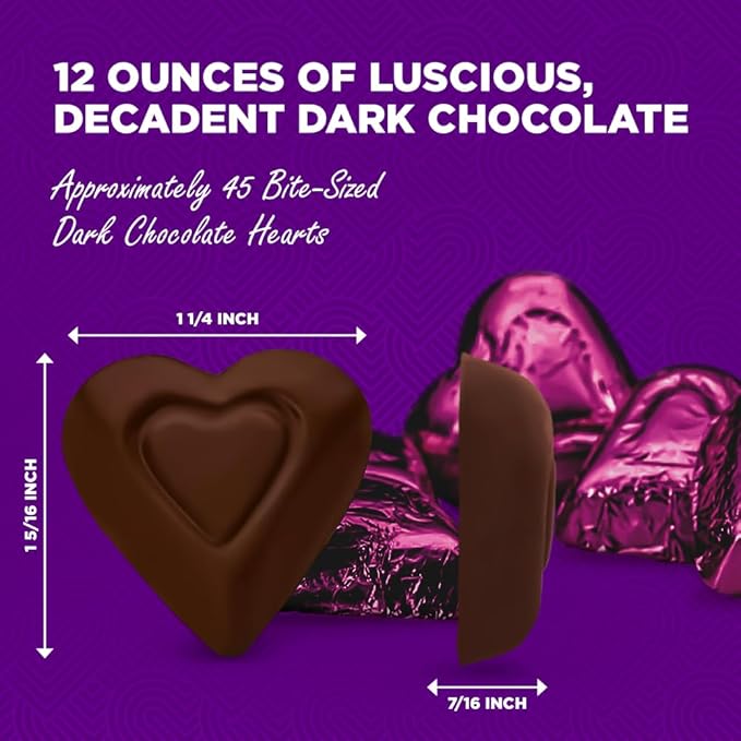 Madelaine Dark Chocolate Mini Hearts Candy – 72% Cacao Valentine’s Day Chocolates Individually Wrapped in Burgundy Foil – 12 oz