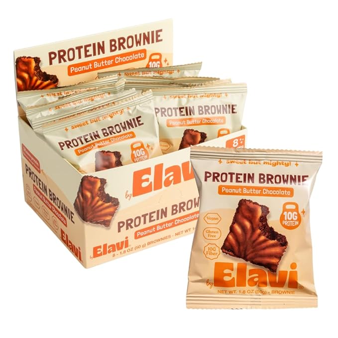Elavi Peanut Butter Chocolate Protein Brownie 10g Protein 10g Fiber Non-Dairy Vegan &amp Gluten Free Guilt-Free Snack | No Added Sugar No Sugar Alcohols Kid Friendly (8 pack)