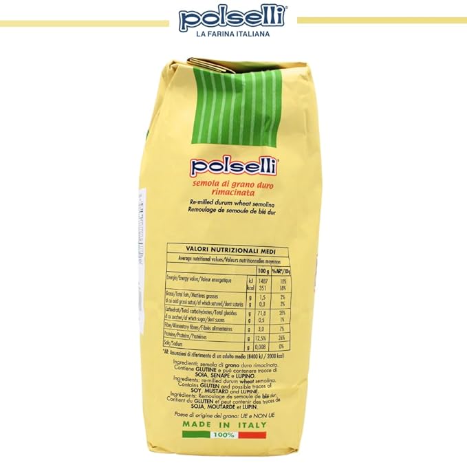 POLSELLI Italian Semola Flour 11 lbs (5 kg) Fine Ground Semolina Rimachinata for Fresh Pasta Bread Durum Wheat Product of Italy