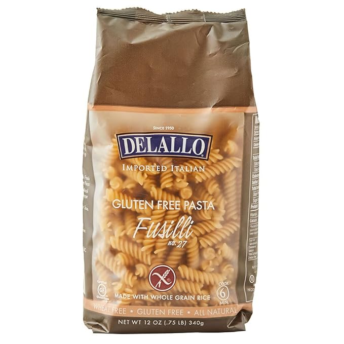 DeLallo Gluten Free Fusilli Pasta Non-GMO Made with Brown Rice Flour Whole Grain All Natural Kosher Made in Italy 12 oz Bag (12 Pack)