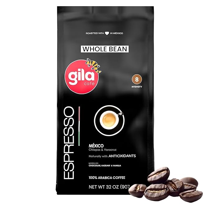 gila café Whole Beans Coffee Medium Roast Espresso 32oz (1-Pack) - 100% Mexican Arabica Roasted Coffee Beans - Made with Coffeeberry - Chocolate Hazelnut Vanilla Notes