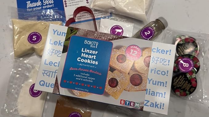 BāKIT Box Linzer Heart Cookies Baking and Activity Kit Kids Heart Cookie Decorating Kit International Snack Box of Cultural Learning and Fun Activities Great for Kids Gifts