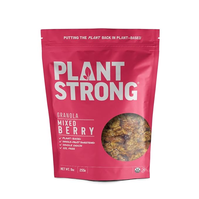 PLANTSTRONG Crispy Mixed Berry Crumble Granola – Whole Grain Oil-Free Granola with Blueberries &amp Raspberries Sweetened Only with Dates Made from Whole Plants Crunchy Breakfast or Snack (4-Pack