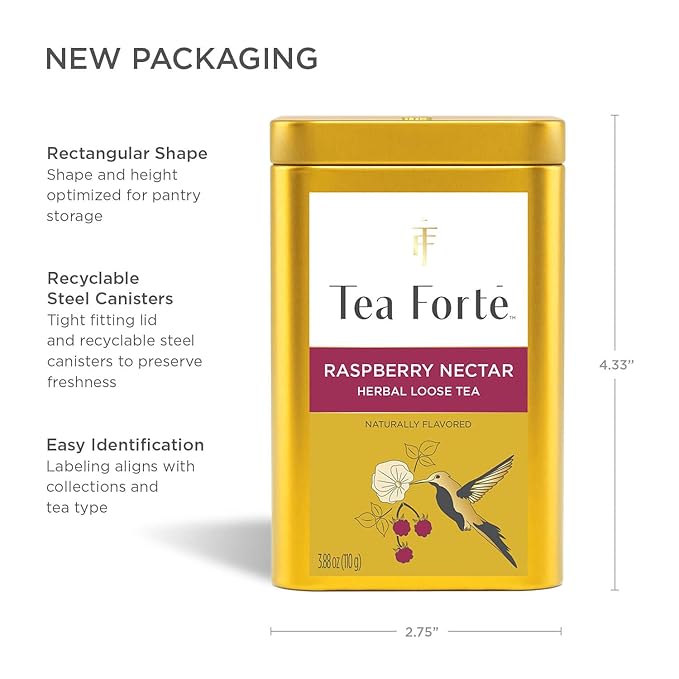 Tea Forte Raspberry Nectar Premium Loose Leaf Caffeine-Free Herbal Tea Blend Canister Makes 35-50 Cups