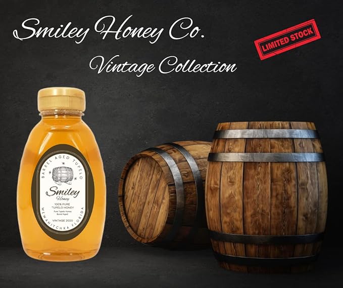 Smiley Honey Barrel Aged Tupelo Honey Vintage 2020 Aged 5 Years in Kentucky Owl Bourbon Barrels Exclusive Run (16oz Barrel Aged Tupelo Honey)