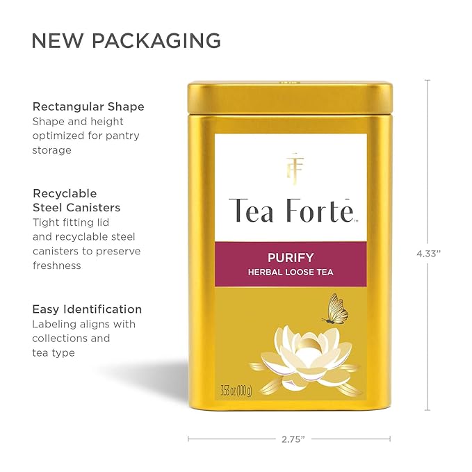 Tea Forte Purify Premium Loose Leaf Caffeinated Herbal Tea Blend Canister Makes 35-50 Cups