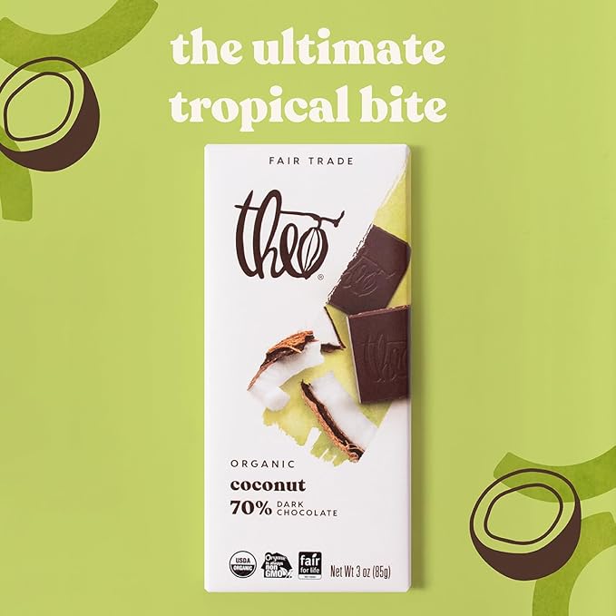 Theo Chocolate Coconut Organic Dark Chocolate Bar 70% Cacao 6 Pack | Vegan Fair Trade