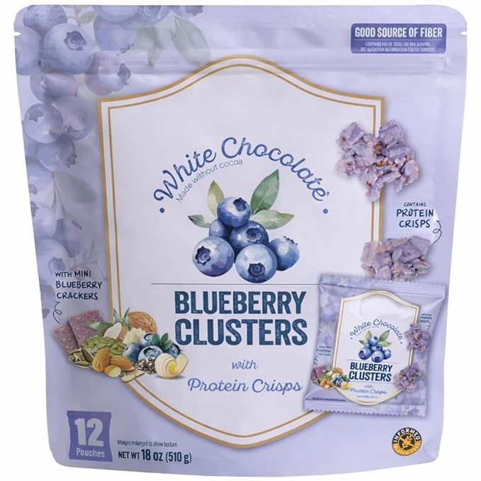 (Pack of 2) White Chocolate Blueberry Clusters with Protein Crisps 12 pouches 18 Ounce - Good Source of Fiber Gluten-Free.