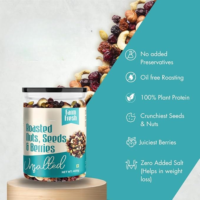 Roasted Premium Nuts Seeds &amp Berries Unsalted (Mix of 14 Super Nuts Seeds &amp Berries) | Oil-Free Roasting | No Salt | Slow baked Trail Mix - 400 gm