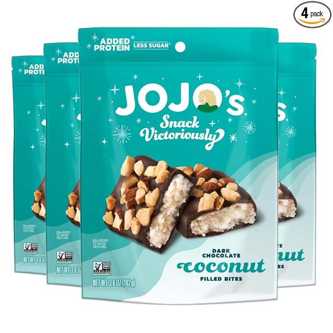 JOJO's Dark Chocolate Coconut Filled Bites with Almonds 3.6oz (4 count) Gluten-Free Non-GMO Vegan Lactose Free More Protein Less Sugar
