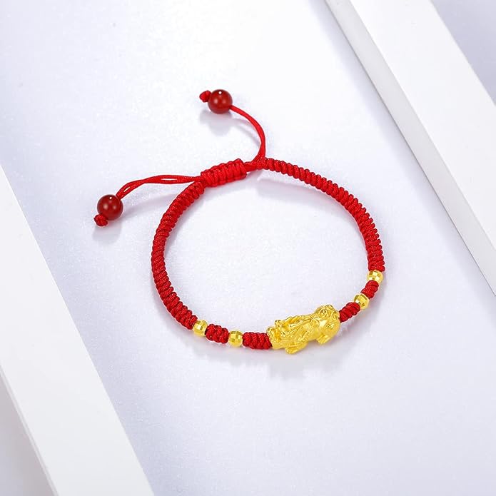 24K Solid Gold Bracelet for Women Real Pure Gold Jewelry Dainty Fortune Pixiu Ball Dragon Turtle Adjustable Red Black Braided Bracelet for Men Girlfriend