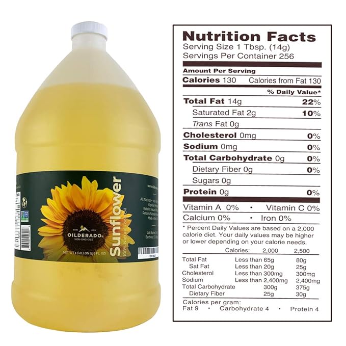 Oilderado Sunflower Oil Naturally Expeller Pressed Non-GMO Certified Sunflower Cooking Oil High-Heat Cooking Great for Dressings Marinades and Frying 1-Gallon