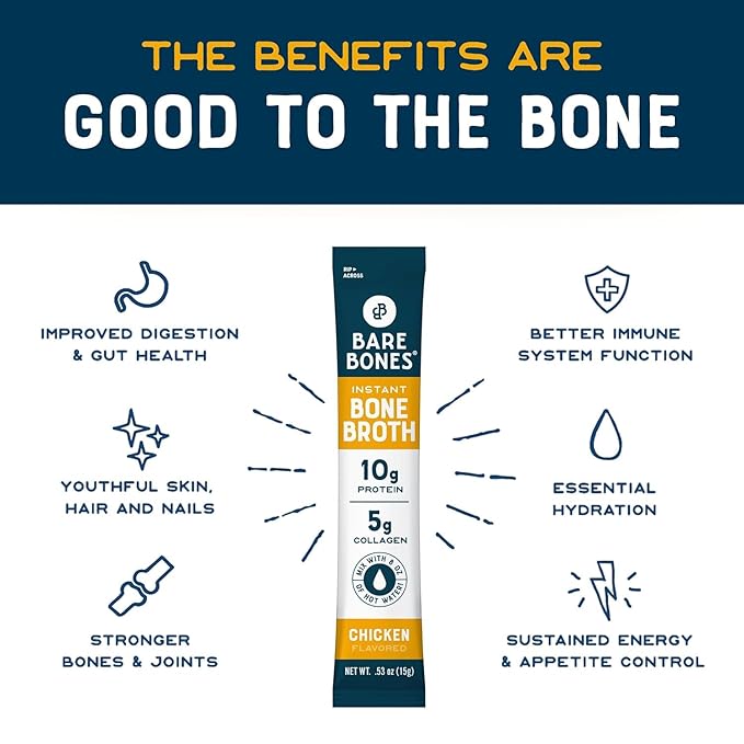 Bare Bones Classic Chicken Bone Broth Instant Powdered Mix Packets | 5g Collagen | 10g Protein | Keto &amp Paleo Friendly | No Artificial Flavors | Non-GMO Gluten-Free Dairy-Free on-the-go 16 Pack