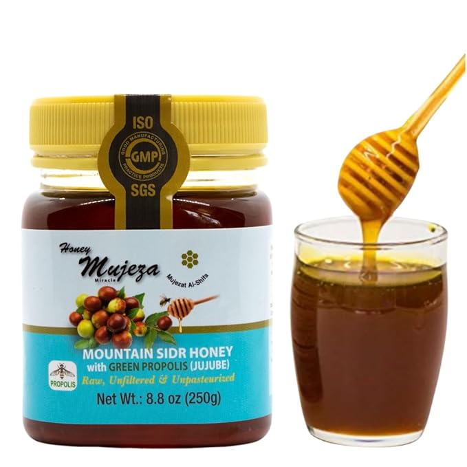Authentic Mountain Sidr Honey with Propolis – Jujube Honey Supports Mental Health Memory and Cognition 100% Natural Raw Liquid Honey Gluten Free (250g/ 8.8 oz)