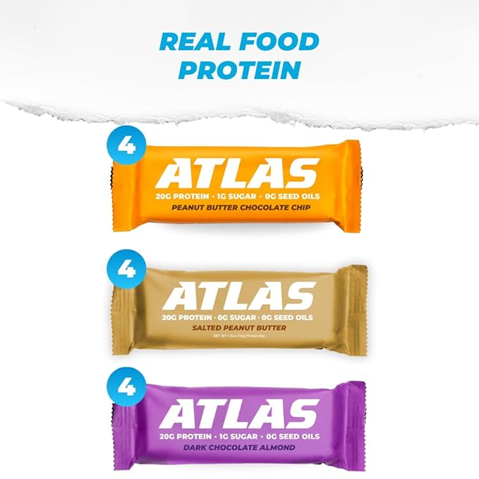 Atlas Real Food Protein Bar – 20g Clean Protein 1g Sugar No Seed Oils No Artificial Sweeteners (Variety 12 Count)