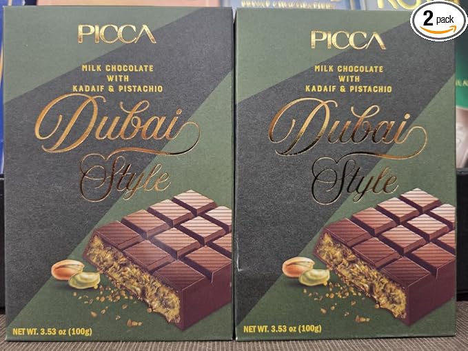 Picca Dubai Style Milk Chocolate with Kadaif &amp Pistachio 3.53oz 100g (Two Bars)
