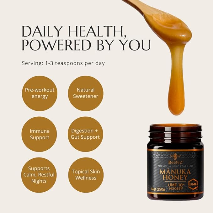BeeNZ Raw Mānuka Honey Certified UMF 10+ (MGO 263+) Pure New Zealand Monofloral Mānuka Natural Sweetener Superfood for Wellness Support No Sugar Added Traceable from Hive to Jar 8.8 oz/250g