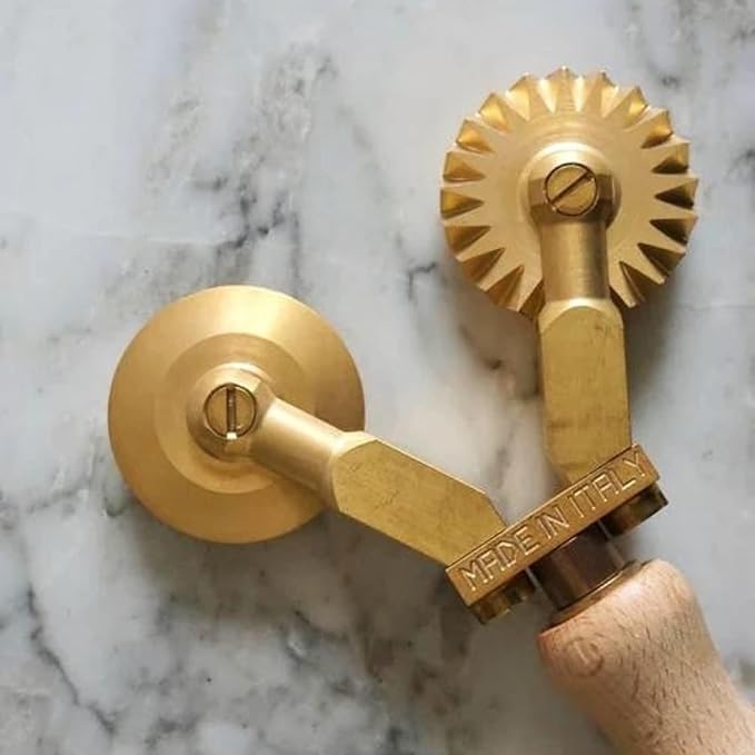 La Gondola Homemade Pasta Cutter - Double Wheel (Festooned &amp Smooth) | Pasta Making Tool for Home and Business | Brass &amp Natural Wood | Easy to Use Pasta Cutting Tool | Ravioli Cutter Made in