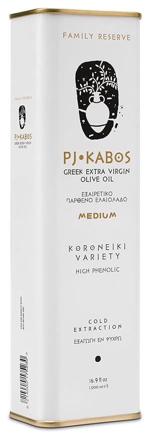 P.J. KABOS Fresh 2025/26 Harvest High Phenolic (400+mg/kg) Natural Greek Extra Virgin Olive Oil Kosher Greece Cold Extracted 16.9 oz Tin Koroneiki Family Reserve -Medium