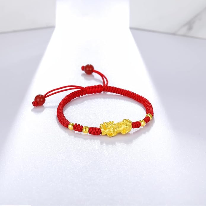 24K Solid Gold Bracelet for Women Real Pure Gold Jewelry Dainty Fortune Pixiu Ball Dragon Turtle Adjustable Red Black Braided Bracelet for Men Girlfriend