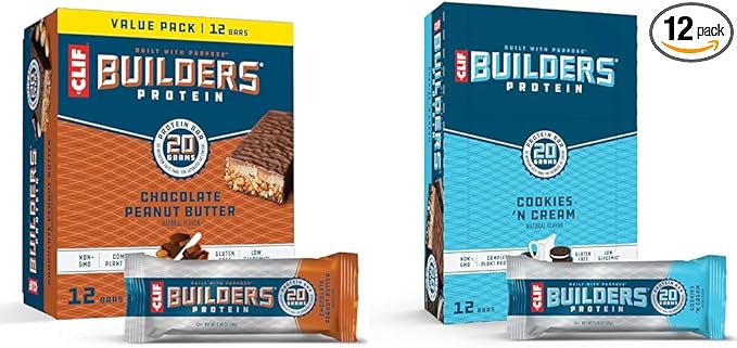 CLIF Builders Chocolate Peanut Butter &amp Cookies 'n Cream Protein Bars Bundle - Gluten-Free Non-GMO 20g Protein 2.4 oz. (12 Count) Bars