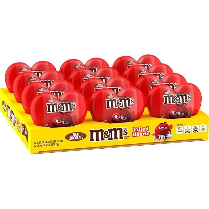 M&ampM’S Milk Chocolate Fun Size Filled Heart Valentine's Day Candy 0.93oz Pack of 12