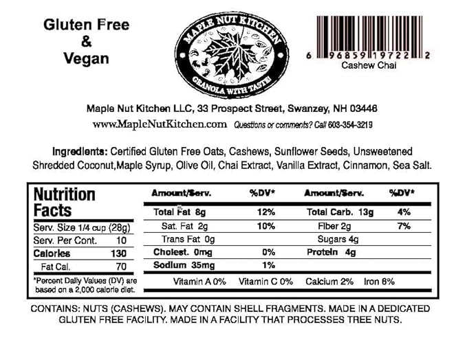 Maple Nut Kitchen Gluten Free Chai Granola with Cashews 3 Pack – Certified Gluten Free Oats Shredded Coconut Sunflower Seeds Maple Syrup – Healthy Low Sugar Breakfast Cereal Crunchy Natural Granol