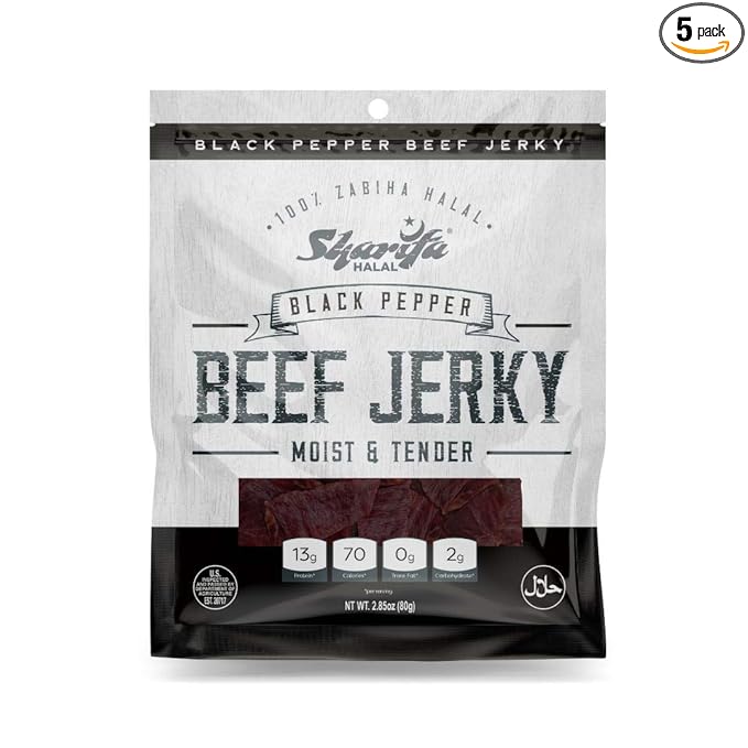 Sharifa Halal Beef Jerky Black Pepper(5 Pack) Each Bag 2.85 oz – Great Everyday Halal Jerky Beef Meat Snack 100 % Real Zabiha Halal Beef 13g of Protein 70 Calories 0g Trans Fat &amp 2g of Carb