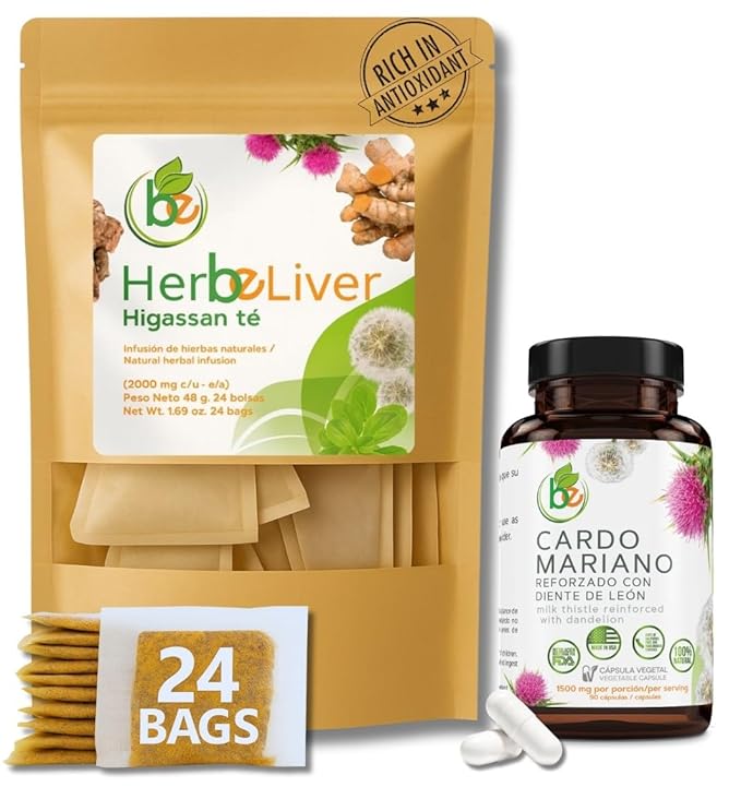 Liver Support Combo – Milk Thistle Capsules + Herbal Detox Tea (Cardo Mariano Turmeric Dandelion Boldo &amp Cuachalalate) – Natural Liver &amp Antioxidant Support – 100% Vegan Non-GMO – by Bexpe
