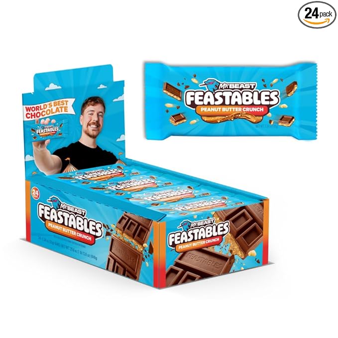 Feastables MrBeast Peanut Butter Milk Chocolate Crunch Chocolate Bar Full Size Bar for Adults &amp Kids Candy Bars Snacks Gifts Dessert Fairtrade Cocoa 1.24 Oz Ea 24 Count