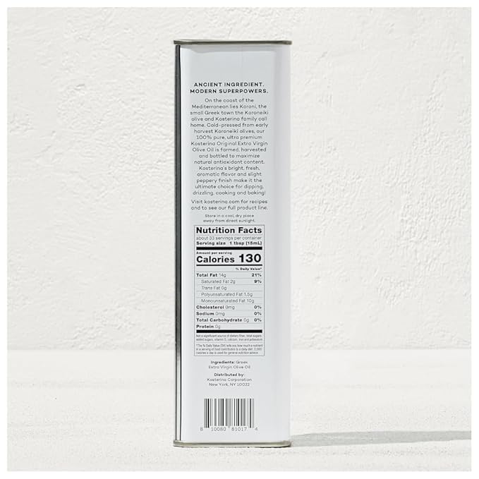 Kosterina - Original Extra Virgin Olive Oil Cold-Pressed Greek EVOO 2022/23 Early Harvest Made with Koroneiki Olives Natural Superfood Polyphenol Rich High Antioxidants Tin | 16.9oz (500ml)