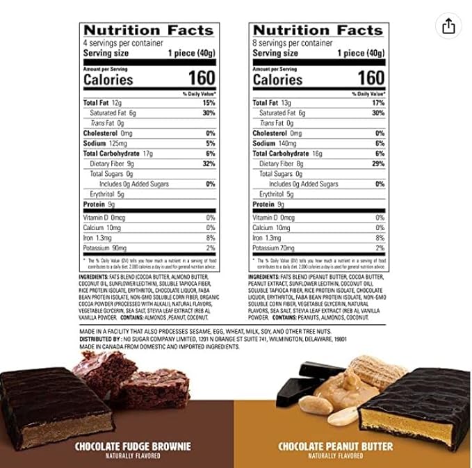 No Sugar Keto Bar Snack - Low Carb No Sugar Keto Snack Food with Keto Friendly Macros (24 x 1.41oz Bars Peanut Butter X 16 Fudge Brownie X 8)
