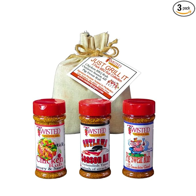 Twisted Pepper Co. Handcrafted Premium Rubs Just Grill It 3 Pack BBQ Rubs Chicken Rub Pig Sweat Rub Outlaws Season All Gluten Free Low Sodium No MSG 5 oz. Bottles
