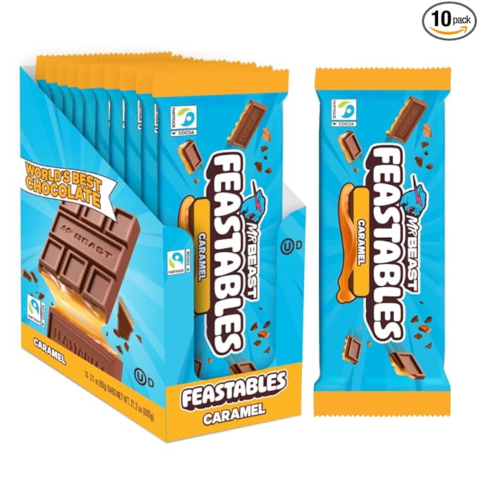 MrBeast Feastables Caramel Chocolate Bar King Size 10 Count Smooth Caramel Filled Chocolate Candy Fairtrade Cocoa 2.1oz Each
