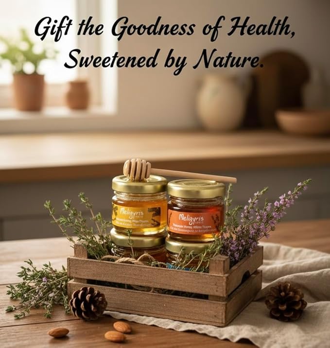 Meligyris Greek Honey Gift Set 4 Varieties Pack with Mountain Honey Pine Thyme Forest Honey Heath Organic Honey