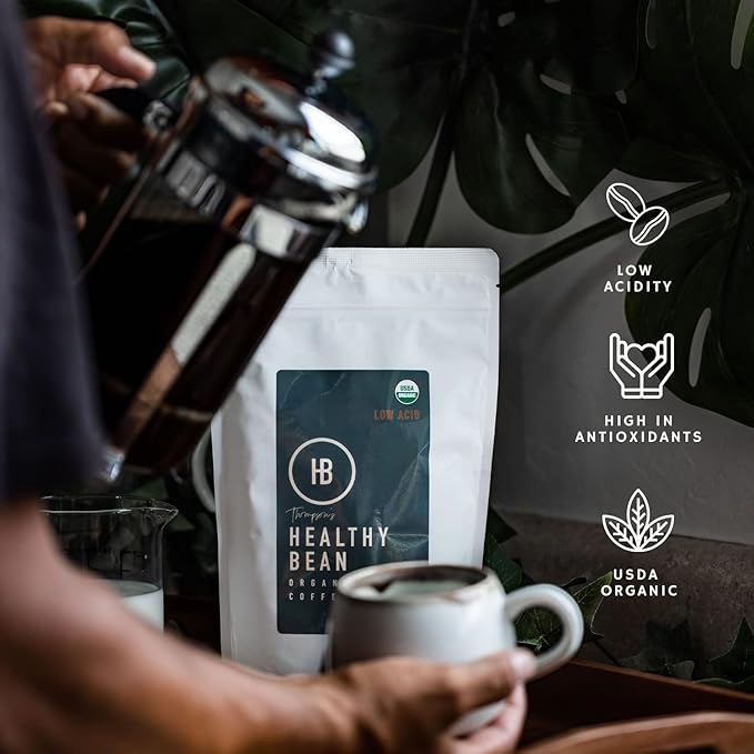 Healthy Bean Organic Ground Coffee Thrive Morning Blend - Low Acid Coffee Grounds for Sensitive Stomach - Medium Roast Blend USDA Organic High Antioxidants Smooth and Rich Flavor 11oz