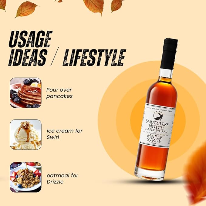 Smugglers’ Notch Maple Works – Single Forest Wood Fired – 100% Pure Vermont Maple Syrup – Natural Sweetener &amp Gluten Free – Rich Taste – Waffles and Pancakes Cocktails Marinades 12.68 Fl Oz. (3