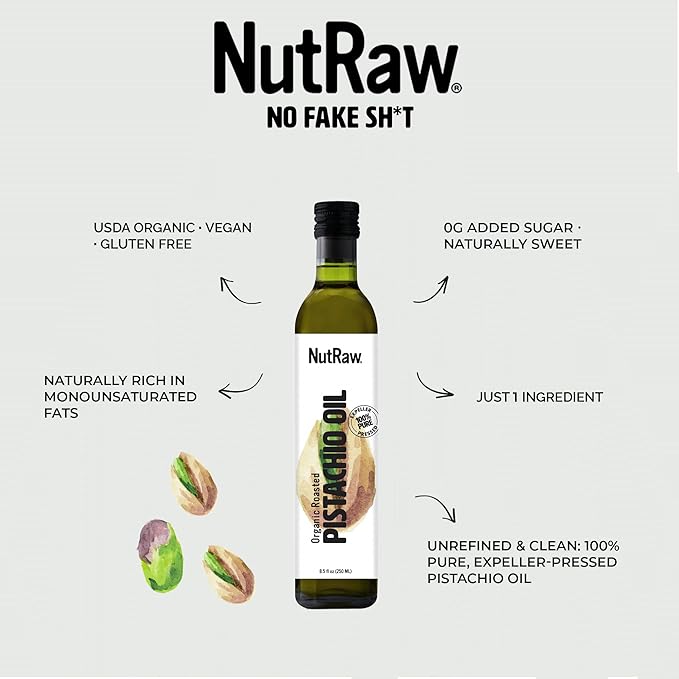 Nutrawbar Organic Expeller Cold-Pressed Pistachio Oil. Made from California Pistachios Premium Organic Cold Pressed Pistachio Oil.