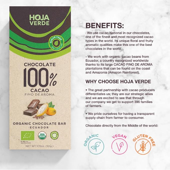 Hoja Verde Dark Chocolate Sugar Dairy Free Bars Keto Friendly Certified Organic | Vegan Natural Non-GMO and Gluten Free (100% Pure)