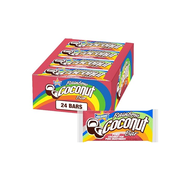 Atkinson's Rainbow Coconut Bar - Fresh Coconut and Tropical Flavored Treat - Gluten Free Kosher Vegan - 1.65 oz. Bar - 24 Count Pack