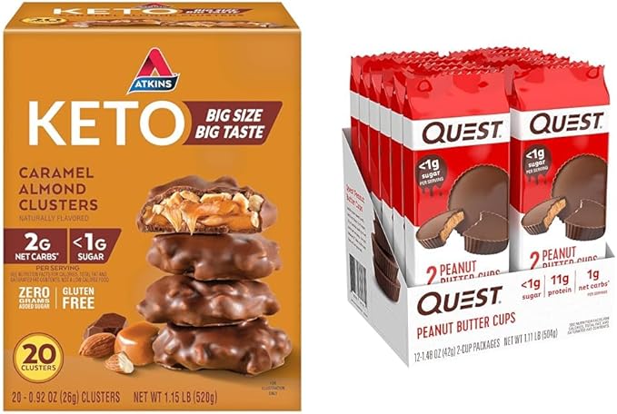 Atkins Caramel Almond Clusters Gluten Free High in Fiber &amp Quest Nutrition High Protein Low Carb Gluten Free Keto Friendly Peanut Butter Cups 12 Count (Pack of 1) (total- 17.76 Ounce)