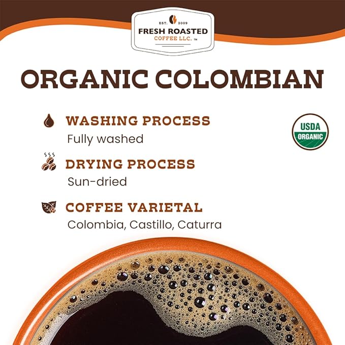 Fresh Roasted Coffee Organic Colombian | USDA Organic 100% Single Origin Kosher | Medium Roast 2 lb (32 oz) Whole Bean