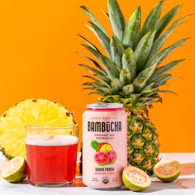 Bambucha Kombucha Guava Punch 12 Pack Case | Chef Crafted Flavor 100% Raw Kombucha Tea Drink | Organic Vegan Gluten Free Non GMO Probiotic (12 Fl Oz Cans)