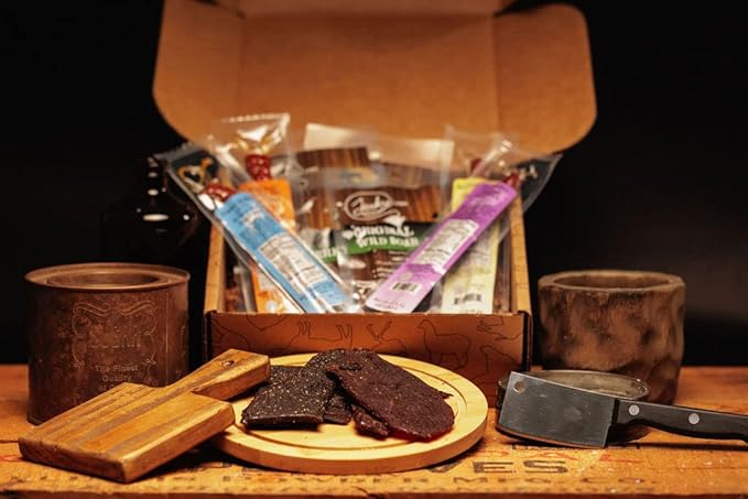 Jerky.com Exotic Jerky Gift Box | 8pc Wild Game Exotic Jerky Variety Pack with Venison Elk Wild Boar &amp Buffalo | High Protein Low Fat Keto Exotic Meat Snacks Jerky Gifts | Birthday Gifts for