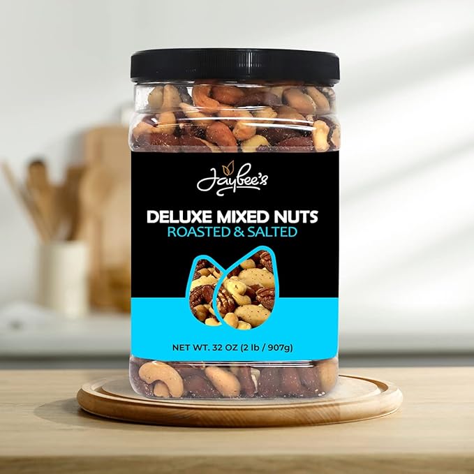 Mixed Nuts Deluxe - Roasted &amp Salted | 32 oz Reusable Container | Healthy Gourmet Variety Snack Mix with Cashews Almonds Brazil Nuts Pecans Hazelnuts (No Peanuts) Holiday Gifts | Keto Vegan F