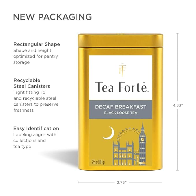 Tea Forte Decaf Breakfast Premium Loose Leaf Caffeine-Free Black Tea Blend Canister Makes 35-50 Cups